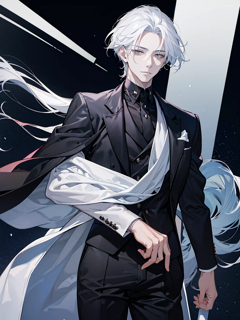 A man full of dignity, handsome, rich, wearing a black suit and white hair.