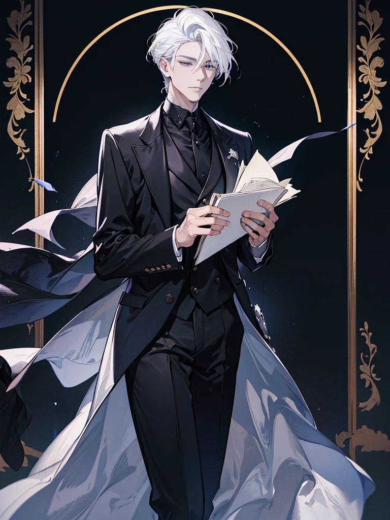 A man full of dignity, handsome, rich, wearing a black suit and white hair.