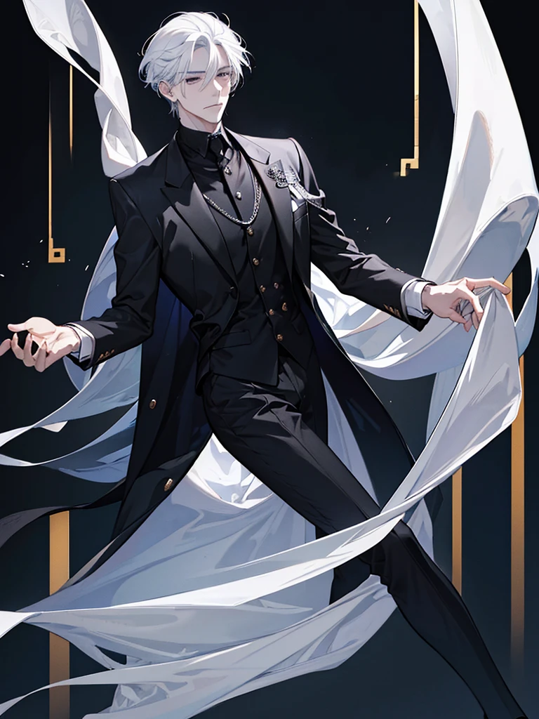 A man full of dignity, handsome, rich, wearing a black suit and white hair.