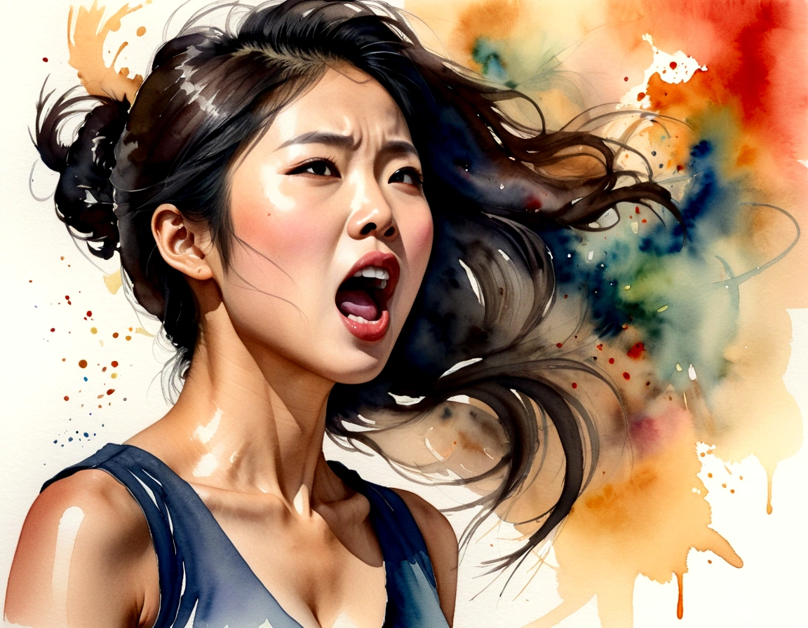 Side view of a young Asian woman,His mouth opened wide and he shouted loudly in anger...,watercolor,abstract art,greatly exaggerated