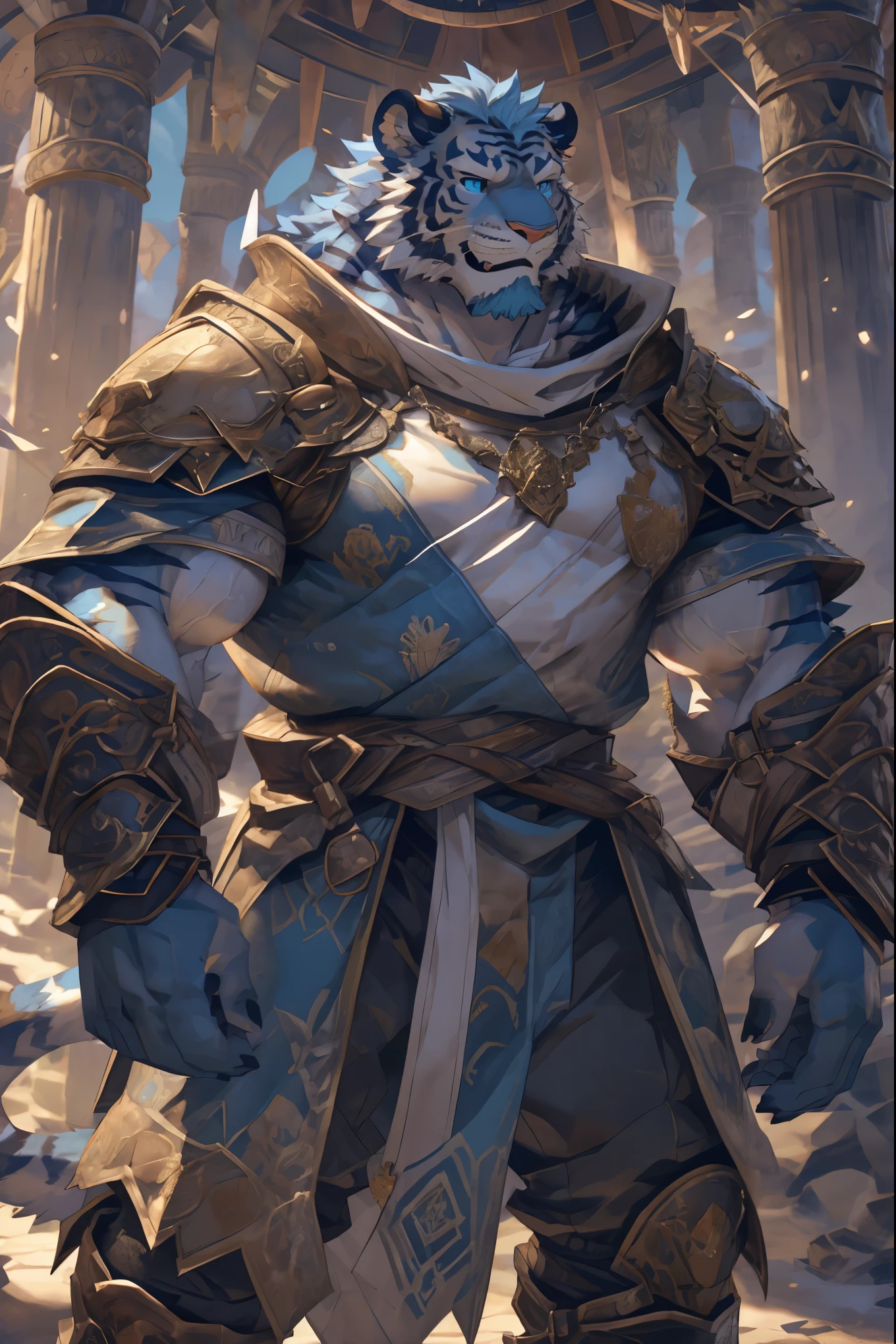 (淡蓝色tiger),(蓝色流水蓝Military commander战袍),Holding a halberd,Awesome posture,A hearty laugh,(The background is a vicissitudes of the plateau:1.2),Abdominal muscles,covered in wounds,完美的masterpiece,Various facial details,Close-up view,specific description,masterpiece,cg,(Light blue eyes),Light blue pattern,Light blue tail,Military commander,Heroic,tiger,Light blue fur,Detailed facial details,Half Body,(Water texture boots),(Long feather),((middle aged)),(Face Focus),(16K),HD,Blue and white belly,temple,beard,(Face lines),Heterochromia,(Light blue battle robe),(Light blue hair),Strong,muscle,(high resolution:1.3)