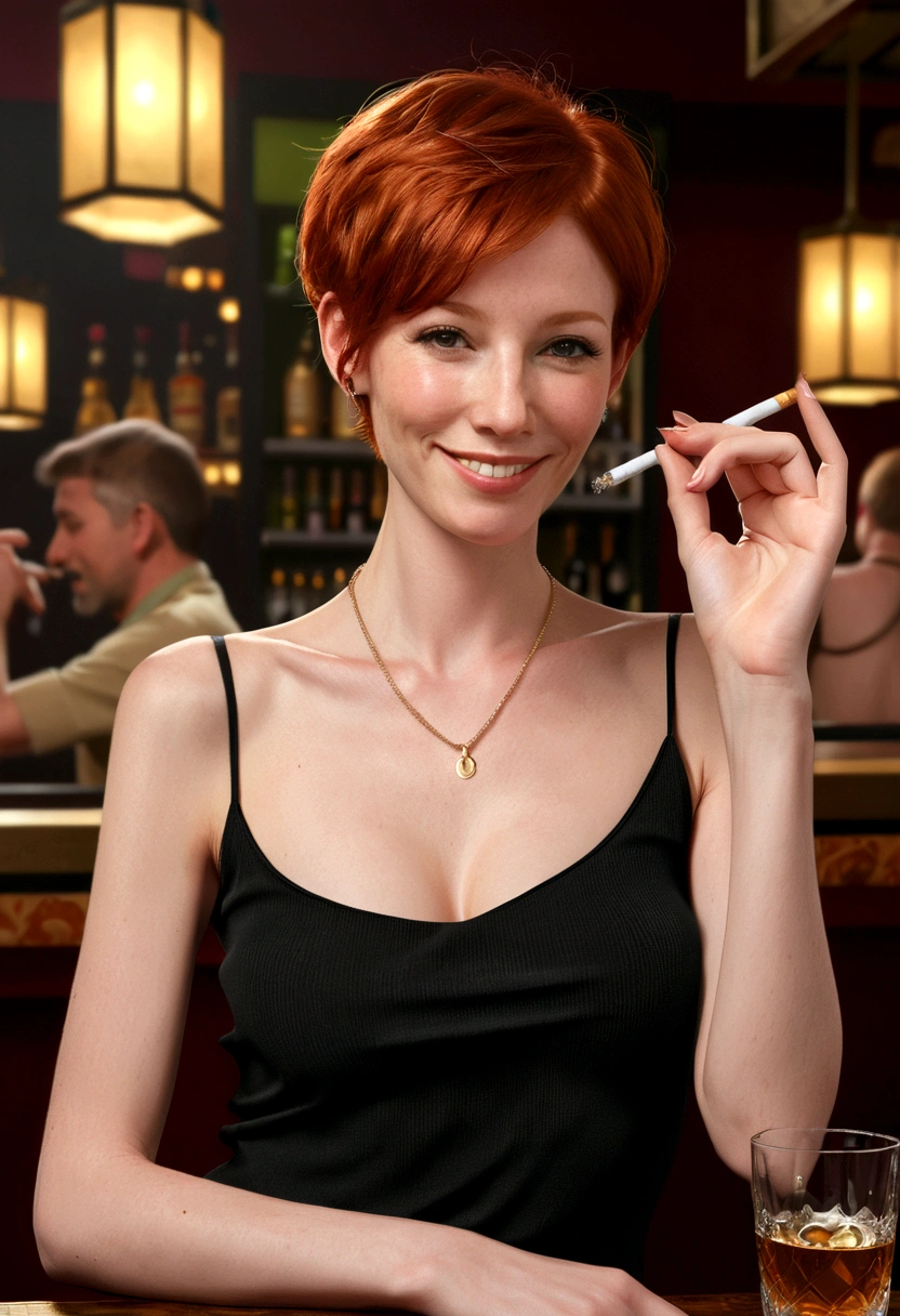 (((skinny woman))), (((smoking a cigarette))), milf, best quality, (nsfw:1.3), highres, short hair, sidelocks, (big smile:1.1), ((((small breasts)))), (((sagging breasts))), necklace, ear rings, (((redhead))), parisian bar, realistic rendering, pnotorealistic style