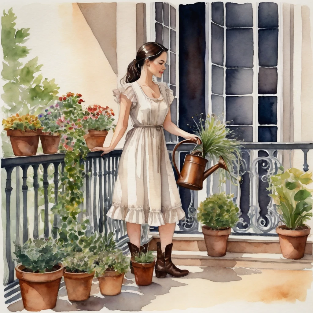 watercolor painting.captured a woman is seen watering a variety of potted plants on a balcony. she's dressed in a short, off-white dress, adorned with short sleeves and a ruffled neckline. her long, dark hair is neatly pulled back into a ponytail, and she's wearing brown boots with a high heel. her right hand is raised, holding a watering can, while her left hand is positioned on the balcony railing. the balcony railing, a dark brown, is punctuated by a series of wrought-iron