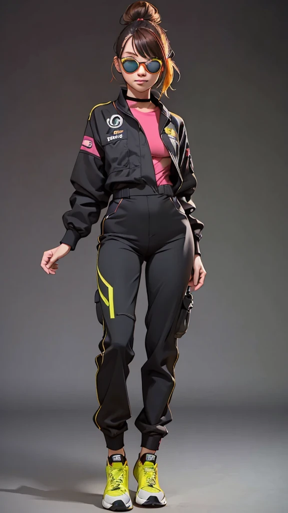 Black workwear jumpsuit、Costume with glowing yellow-green linesを着た女性, cyber punk, Punk Rock, Mosh Pit, (Highest quality,4K,8K,High resolution,masterpiece:1.2),Live Stage、Costume with glowing yellow-green lines、Large sunglasses,Punkish hairstyle、Full body portrait、Studs