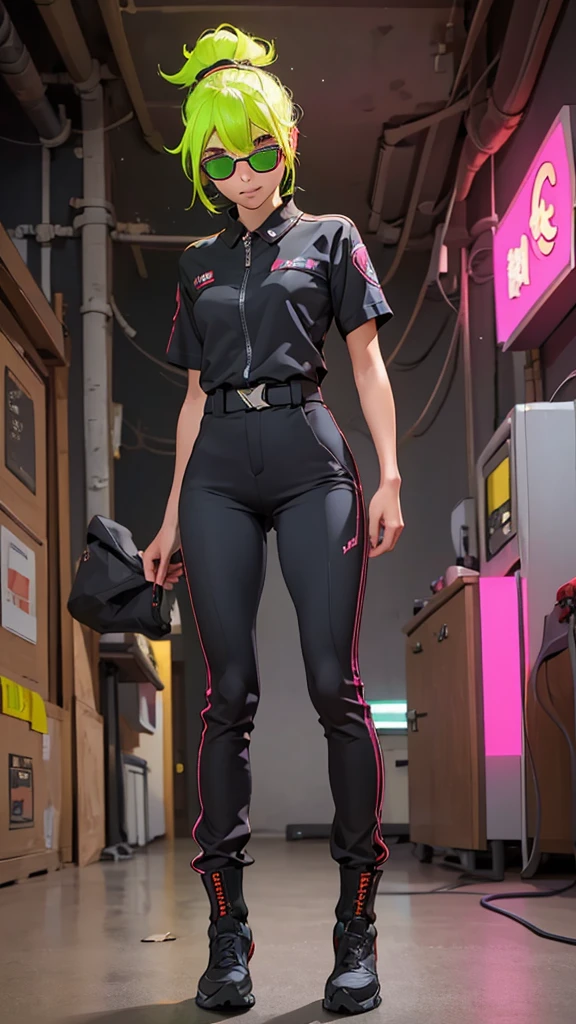 Black workwear jumpsuit、Costume with glowing yellow-green linesを着た女性, cyber punk, Punk Rock, Mosh Pit, (Highest quality,4K,8K,High resolution,masterpiece:1.2),Live Stage、Costume with glowing yellow-green lines、Large sunglasses,Punkish hairstyle、Full body portrait、Studs
