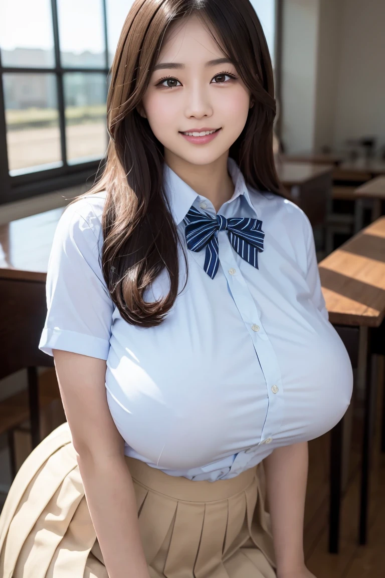 (Best quality,masterpiece,ultra detailed,8K,RAW photo,realistic,high resolution:1.2),(Pretty Japanese girl),(Super huge tits:1.4),(light brown hair),(school uniform,white collared shirt,pleated skirt:1.4),(voluptuous:1.4),(shoulder length),(light smile),(chubby:1.4)