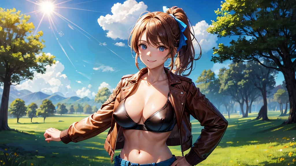 1girl, solo, full body, summer, village, trees, sun, clouds, ((colorful hair)), ponytail, large full breasts, ((brown leather jacket)), brown leather shorts, ((blue bra)), nipples, blue eyes, skirt, smile, looking at the viewer, standing, hair ribbon, golden necklate