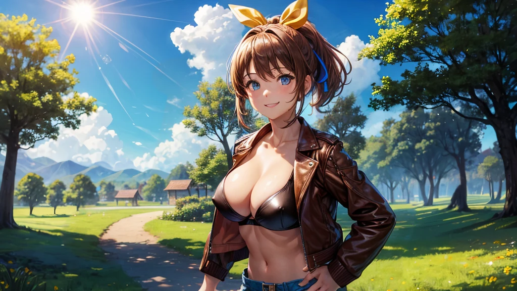 1girl, solo, full body, summer, village, trees, sun, clouds, ((colorful hair)), ponytail, large full breasts, ((brown leather jacket)), brown leather shorts, ((blue bra)), nipples, blue eyes, skirt, smile, looking at the viewer, standing, hair ribbon, golden necklate