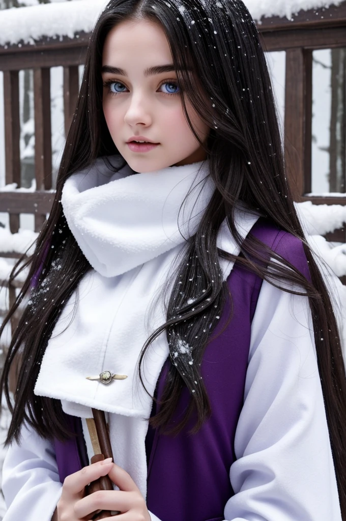 A girl with skin white as snow , dark hair and that it is long and voluminous and that the girl is very beautiful , and may your eyes be VIOLET, and have the BLUE Harry Potter Hogwarts uniform