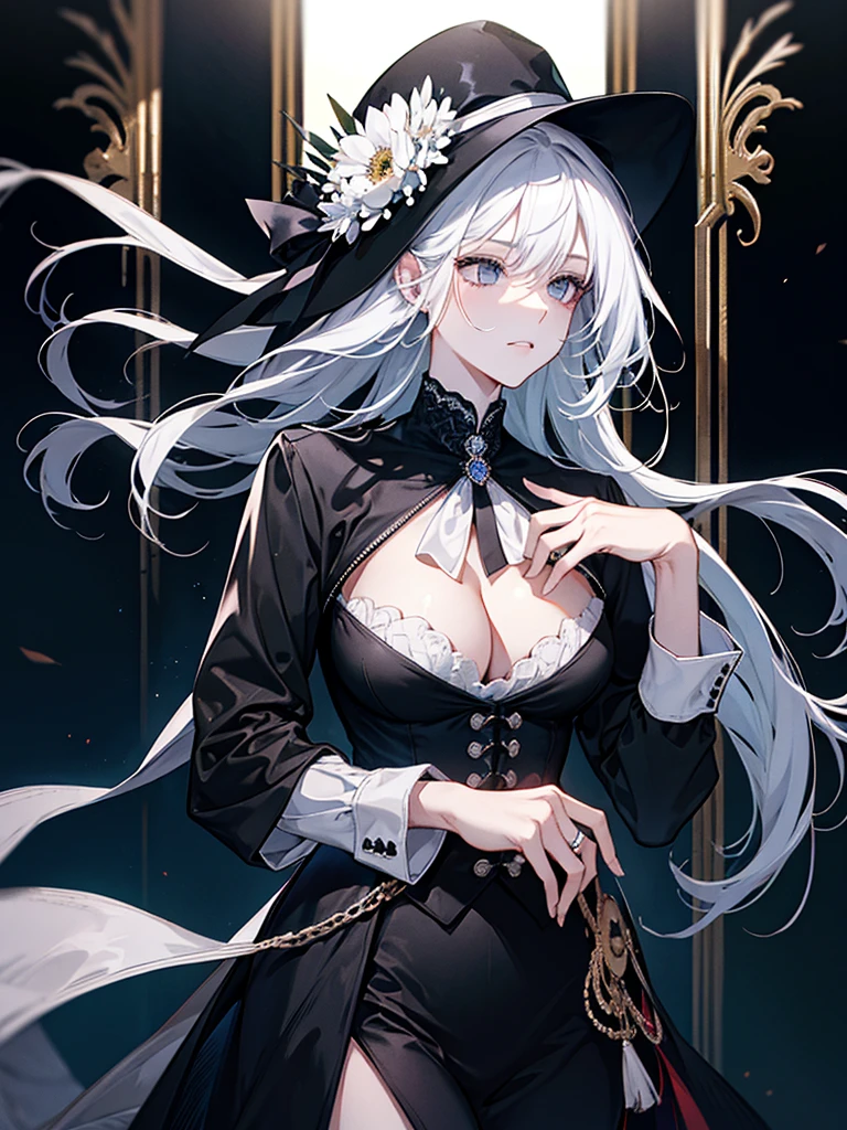 A woman full of dignity, handsome, rich, wearing a black suit, white hair.