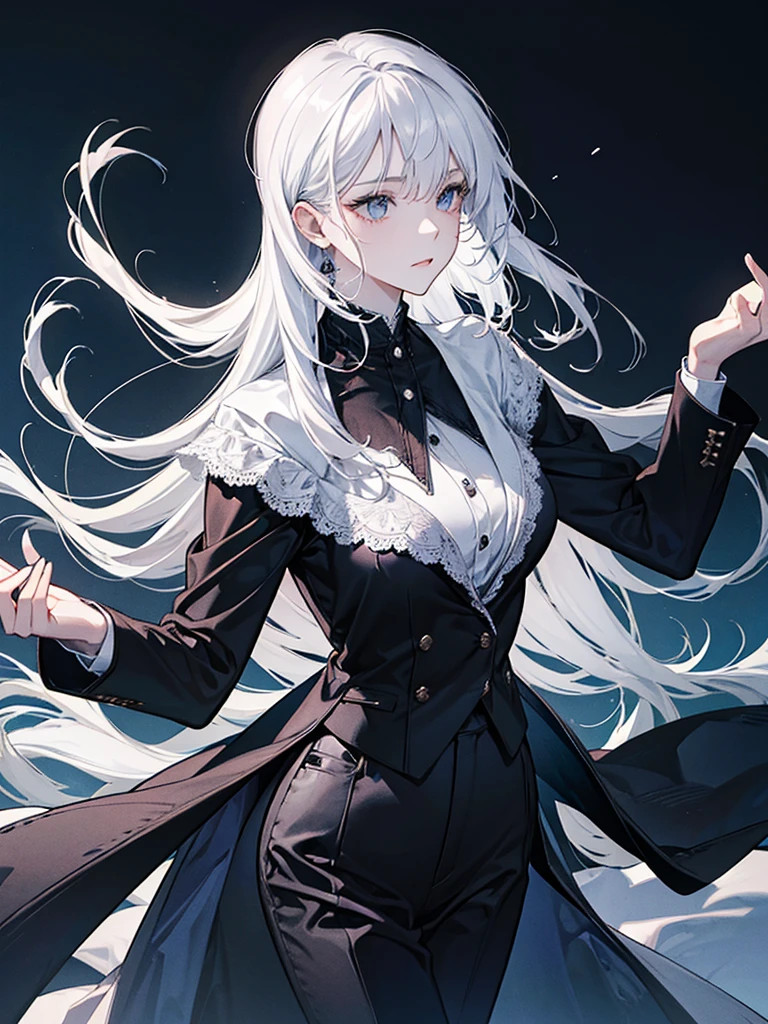 A woman full of dignity, handsome, rich, wearing a black suit, white hair.