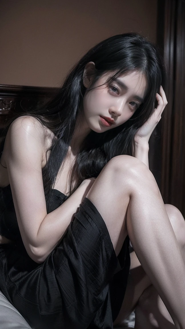 (((best quality))), (((ultra detailed))), (((masterpiece))), illustration,a beautiful girl,solo,slim,thin,messy hair,shoulder length straight bob hair,Dark Circles,Eyes bloodshot,(sad expression:1.3),flat chest,sitting on the bed,in a bedroom,halter lace nightgown, deep in thought, dimly lit room, soft glow of a digital clock, dark curtains, seclusion and introspection, disheveled hair, shadowed eyes, sleeplessness, delicate features, fragile beauty, pale skin, rouge on cheeks, heavy atmosphere, silence, soft hum of a refrigerator, woman's expression of deep contemplation, searching eyes, capturing the essence of struggle, vulnerability,(dark night scene:1.3),spread legs apart,arms behind back
