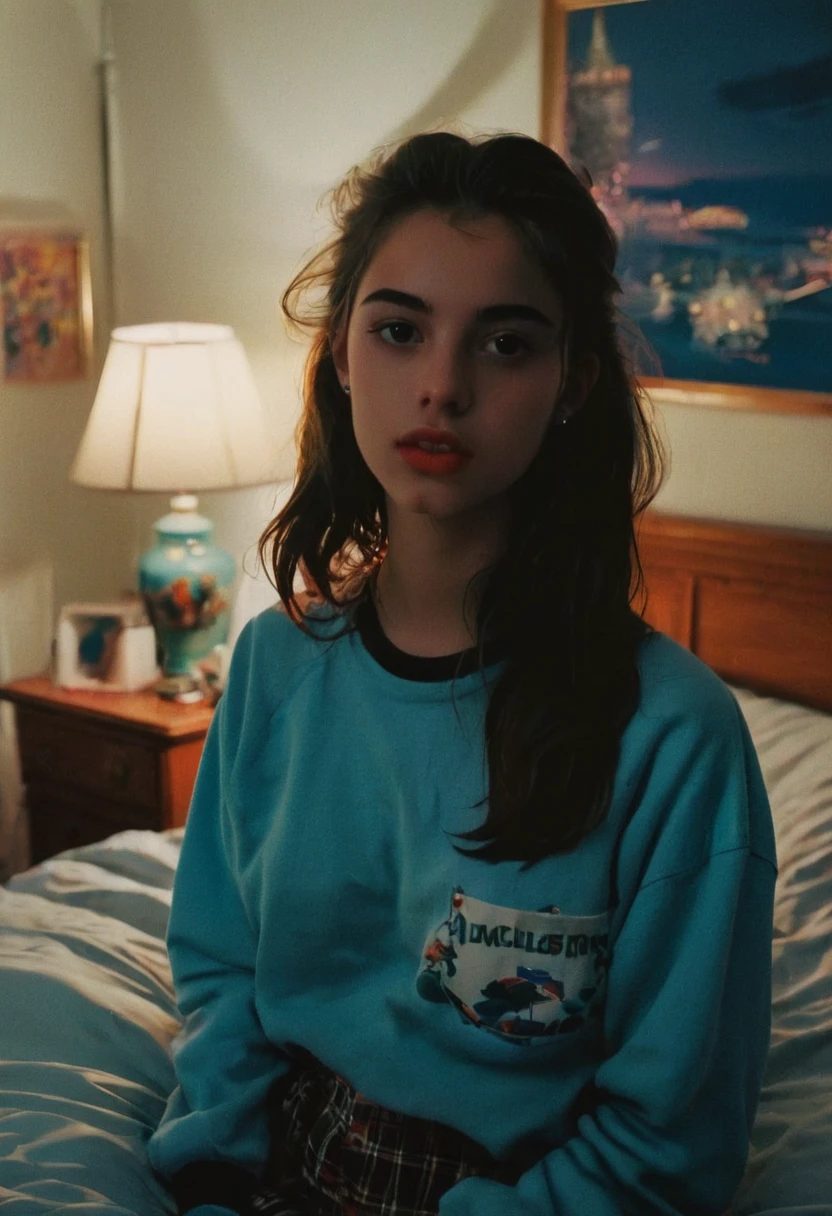 Bedroom, night, girl, aesthetic, looking at camera, 1990s, tumblr, photo
