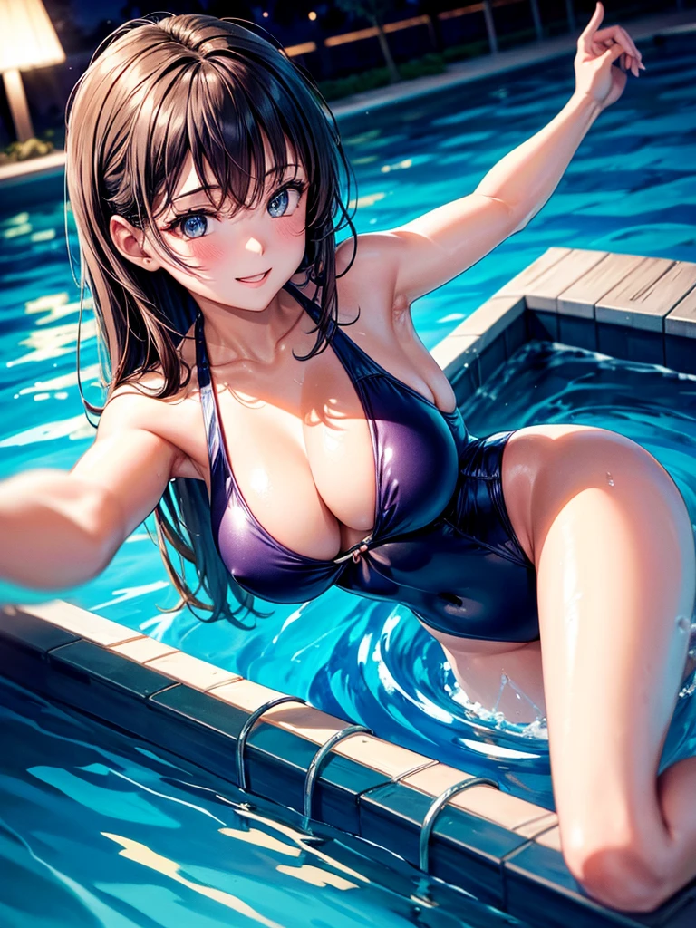 Highest quality,Highest Resolution,A woman in a swimsuit happily swimming in the pool at night,