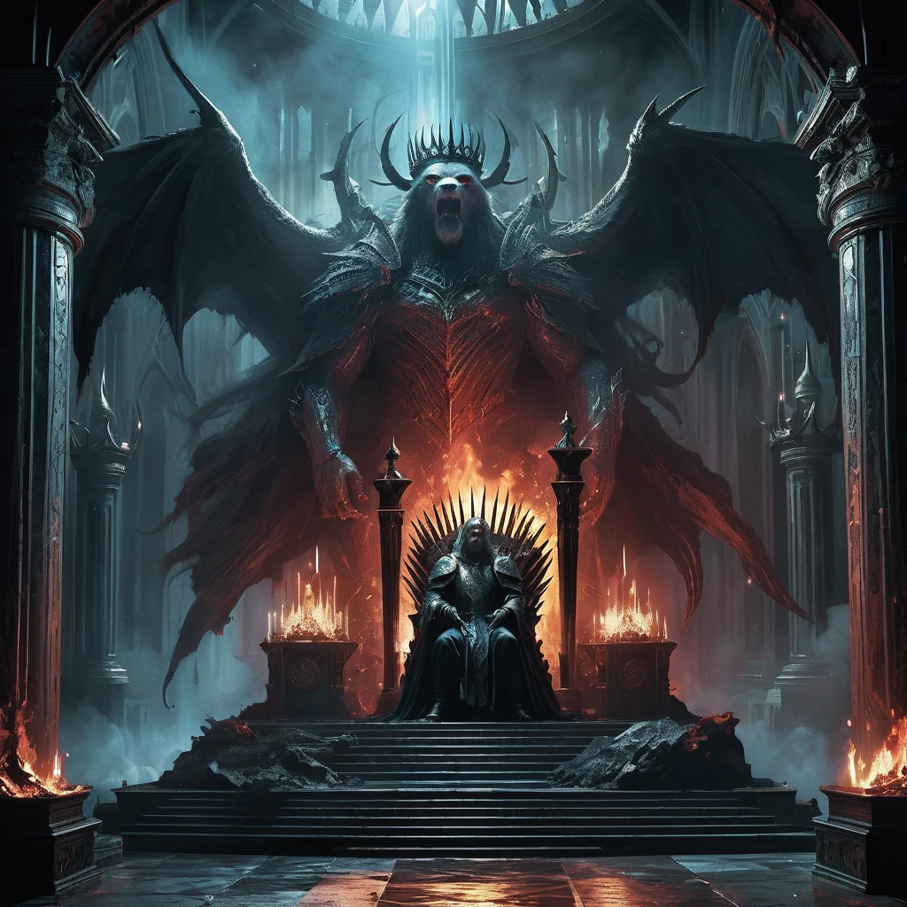 sits King Alaric on the Iron Throne. His long, golden hair cascades around a crown of obsidian and ruby, a stark contrast to the dark and foreboding atmosphere that pervades his kingdom.
The throne room, dimly lit by flickering torches and the eerie glow of enchanted crystals embedded in the walls, is a place where shadows dance and whispers of forgotten curses linger in every corner. The high, vaulted ceilings are adorned with grim tapestries depicting scenes of legendary battles and eldritch horrors, reminders of the kingdom's blood-soaked history and the ever-present threat of the encroaching darkness.
King Alaric, though youthful in appearance, bears the weight of countless generations on his shoulders. His piercing blue eyes, filled with a weary determination, survey the hall where nobles and advisors murmur amongst themselves, plotting and scheming under the veneer of courtly decorum. The air is thick with tension and unspoken fears, for it is said that the throne itself is bound by an ancient, malevolent spirit that whispers secrets and demands sacrifices.
As Alaric contemplates the fate of his troubled realm, he is visited by a mysterious seer who foretells of an impending cataclysm—a darkness that will rise from the depths of the underworld to consume the land. To save his kingdom, Alaric must navigate a treacherous path of political intrigue, forbidden magic, and ancient prophecies. Allies will prove false, and enemies will strike from the shadows, all while the king grapples with his own inner demons and the cursed legacy of his bloodline.
In this dark medieval fantasy, the throne is not just a seat of power but a symbol of the eternal struggle between light and shadow, hope and despair. Will King Alaric rise to the challenge and lead his people through the coming darkness, or will he succumb to the forces that seek to destroy his kingdom from within?
As the storm rages outside and the walls of the citadel groan under the weight of centuries, the fat