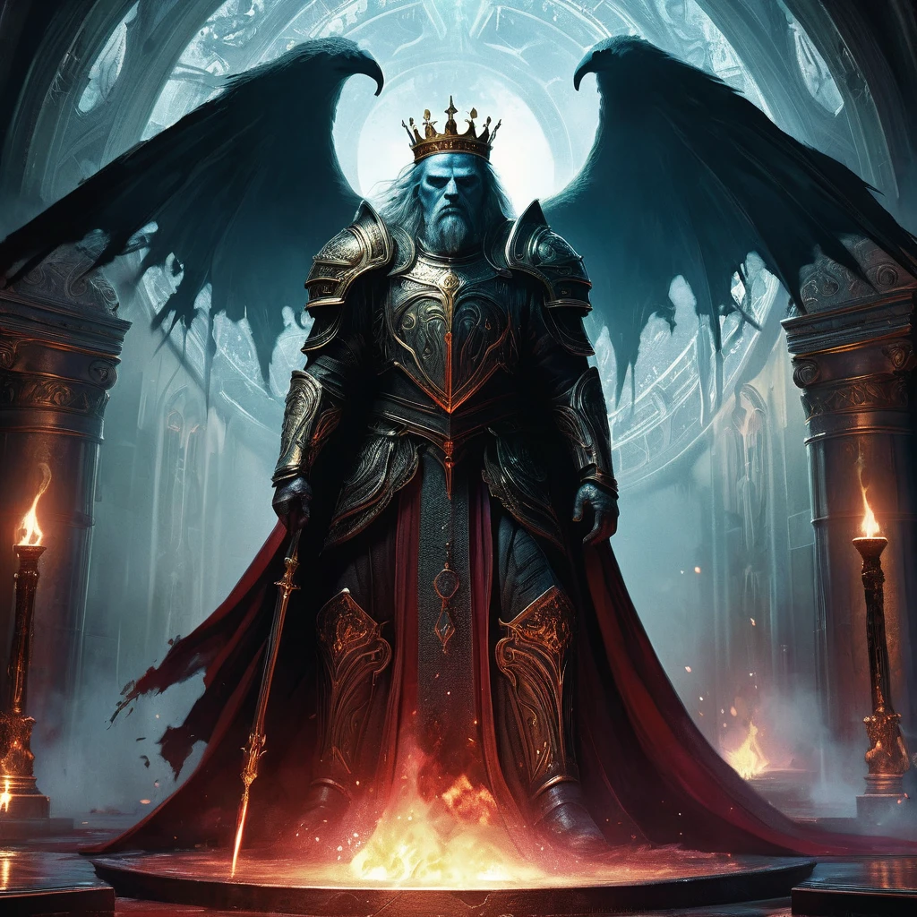 sits King Alaric on the Iron Throne. His long, golden hair cascades around a crown of obsidian and ruby, a stark contrast to the dark and foreboding atmosphere that pervades his kingdom.
The throne room, dimly lit by flickering torches and the eerie glow of enchanted crystals embedded in the walls, is a place where shadows dance and whispers of forgotten curses linger in every corner. The high, vaulted ceilings are adorned with grim tapestries depicting scenes of legendary battles and eldritch horrors, reminders of the kingdom's blood-soaked history and the ever-present threat of the encroaching darkness.
King Alaric, though youthful in appearance, bears the weight of countless generations on his shoulders. His piercing blue eyes, filled with a weary determination, survey the hall where nobles and advisors murmur amongst themselves, plotting and scheming under the veneer of courtly decorum. The air is thick with tension and unspoken fears, for it is said that the throne itself is bound by an ancient, malevolent spirit that whispers secrets and demands sacrifices.
As Alaric contemplates the fate of his troubled realm, he is visited by a mysterious seer who foretells of an impending cataclysm—a darkness that will rise from the depths of the underworld to consume the land. To save his kingdom, Alaric must navigate a treacherous path of political intrigue, forbidden magic, and ancient prophecies. Allies will prove false, and enemies will strike from the shadows, all while the king grapples with his own inner demons and the cursed legacy of his bloodline.
In this dark medieval fantasy, the throne is not just a seat of power but a symbol of the eternal struggle between light and shadow, hope and despair. Will King Alaric rise to the challenge and lead his people through the coming darkness, or will he succumb to the forces that seek to destroy his kingdom from within?
As the storm rages outside and the walls of the citadel groan under the weight of centuries, the fat