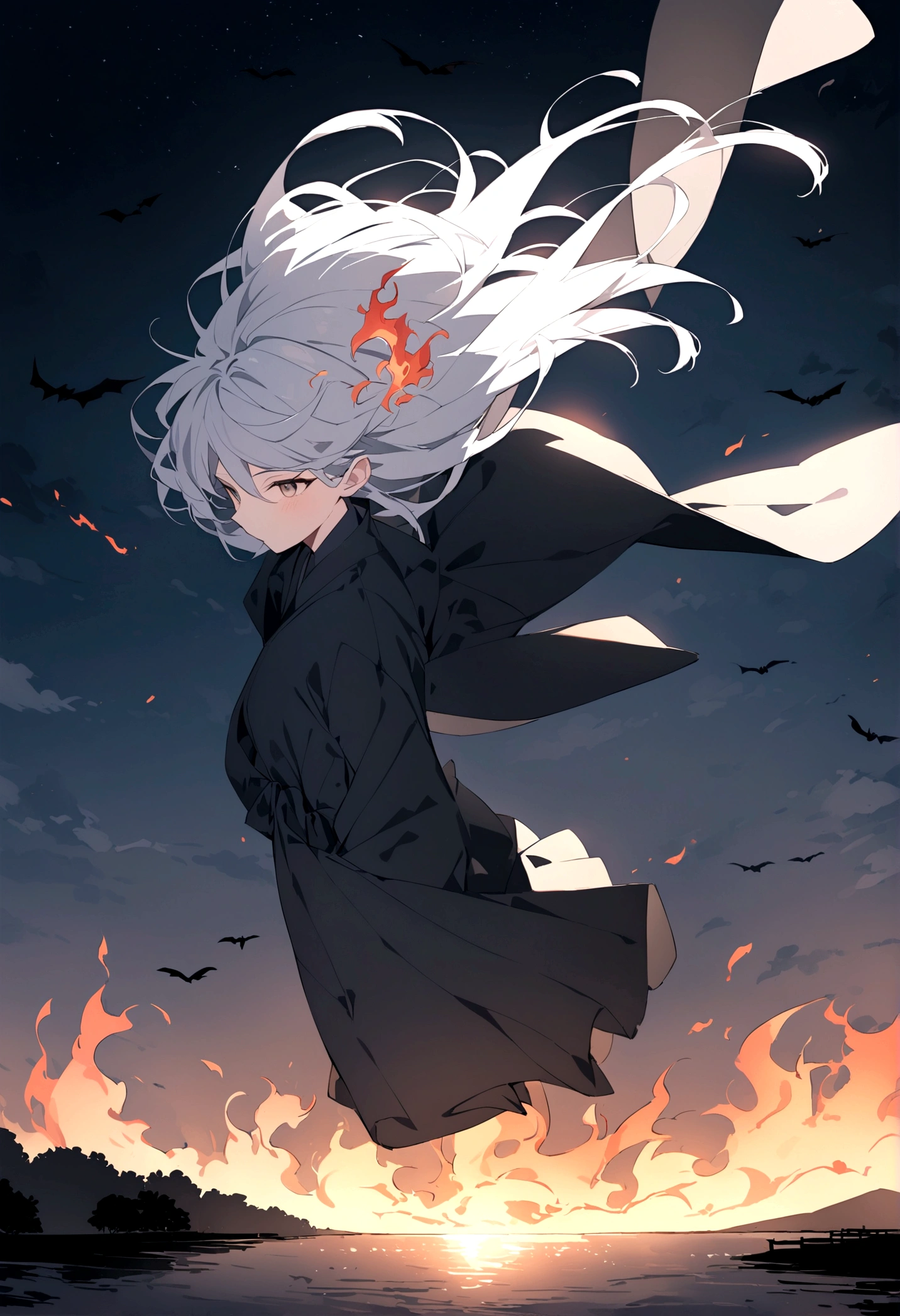 A man's head is flying over the river in the night sky。Flames flicker around the head。Set the background to a tranquil rural landscape with a dark night sky。The wind is blowing、The wind is blowing