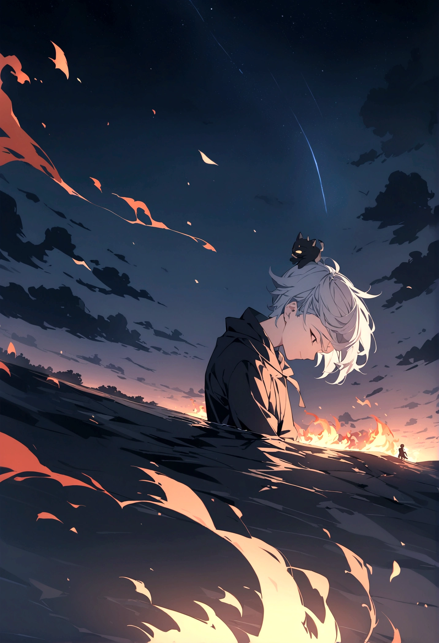 A man's head is flying over the river in the night sky。Flames flicker around the head。Set the background to a tranquil rural landscape with a dark night sky。The wind is blowing、The wind is blowing