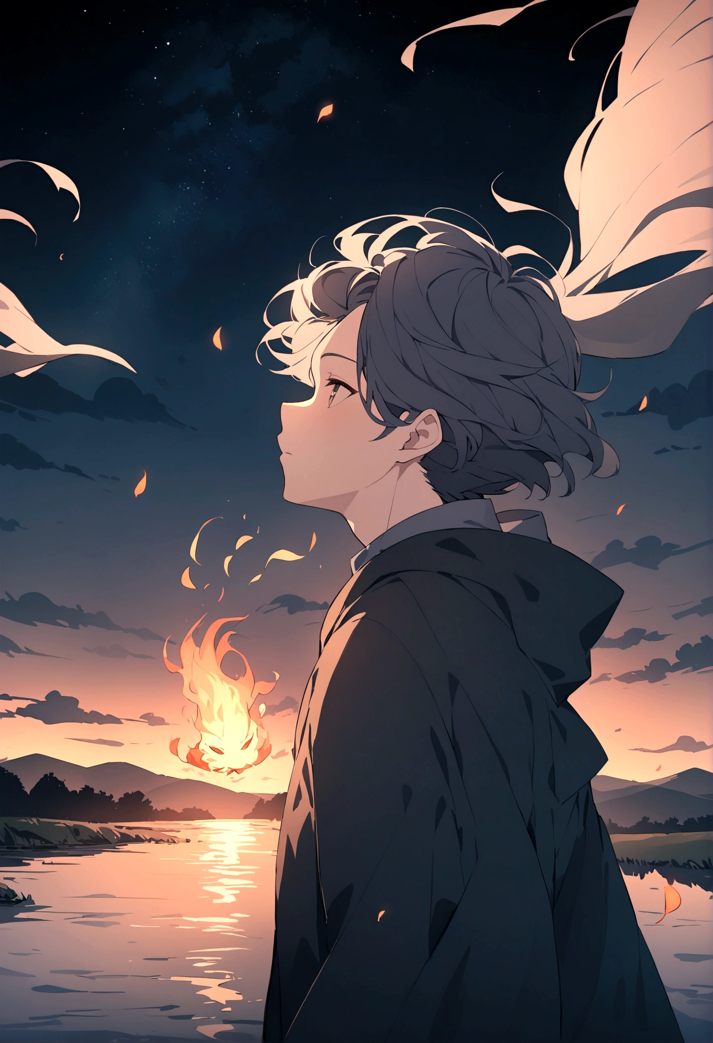 A man's head is flying over the river in the night sky。Flames flicker around the head。Set the background to a tranquil rural landscape with a dark night sky。The wind is blowing、The wind is blowing