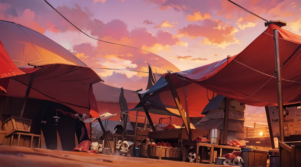traditional market, (butchery, (they sell meats, skull) :1.5), (market stalls, market tents, canopies, tarp canopy), wooden boxes, wooden basket, wire,, sand ground, dawn sky, dark morning, low angle,