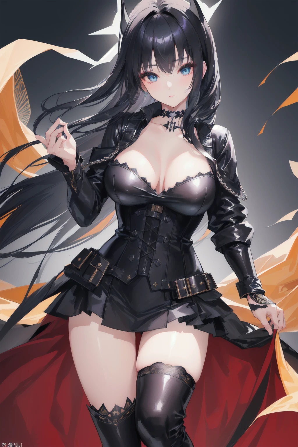A Korean woman with long black hair styled with bangs hanging down, dressed in a high-quality, ultra-realistic 8K Batman cosplay. She wears a leather jacket, a corset, and a choker, with a detailed and intricate costume design. The outfit includes shiny elements and the classic Batman suit features, with a perfect face, beautiful expression, and captivating eyes. She is posed like a professional model, with a clean and flawless appearance, exuding the essence of Korean beauty. The background is simple to emphasize the character's details. Masterpiece, professional artwork, famous work, ultra-realistic 4K, best image quality.