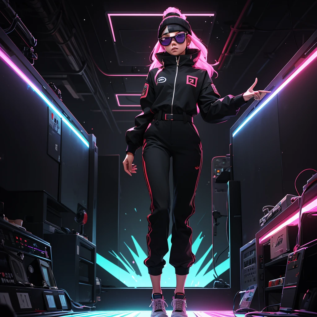 Black workwear jumpsuit、A woman wearing a costume with glowing purple lines, cyber punk, Punk Rock, Mosh Pit, (Highest quality,4K,8K,High resolution,masterpiece:1.2),Live Stage、Laser beam background、Large sunglasses,Punkish hairstyle、Full body portrait
