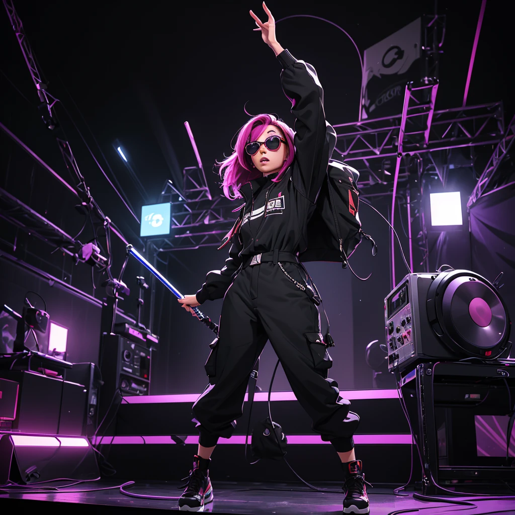 Black workwear jumpsuit、A woman wearing a costume with glowing purple lines, cyber punk, Punk Rock, Mosh Pit, (Highest quality,4K,8K,High resolution,masterpiece:1.2),Live Stage、Laser beam background、Large sunglasses,Punkish hairstyle、Full body portrait
