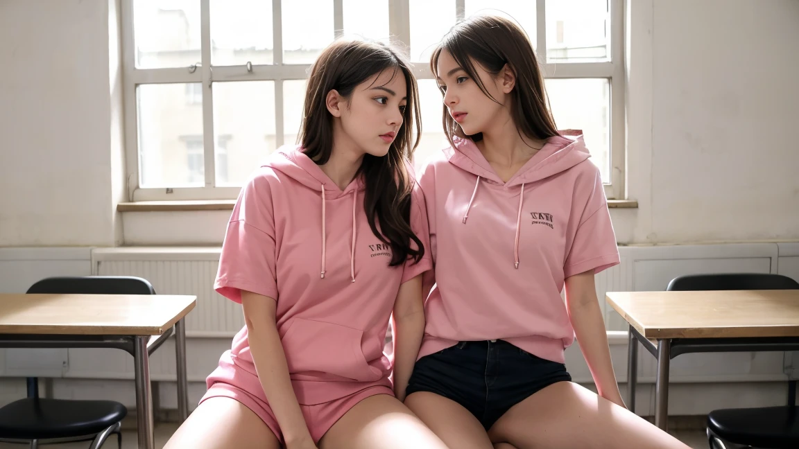 deux femmes ensemble de 18 ans sexy et mince , pink short sleeve hoodie , salle de classe, se touche,position sey,sensuel
