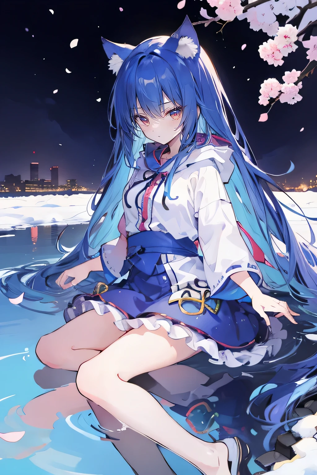 (masterpiece:1.2),Super detailed,lifelike,Expressive eyes,fair skin,perfect face shape,1 girl,
Japanese comics,Gorgeous blue hair,flowing blue hair,flowing clothes,Cat ears,Petals fall,beautiful lola,Baby Angel,
Shaking head with one hand,Cross your legs,Gentle and peaceful background,The pavilion is cool and comfortable,smile, wearing hoodie, background of tokyo,back views,snowing, winter,lie on the water,Lying on the ground。