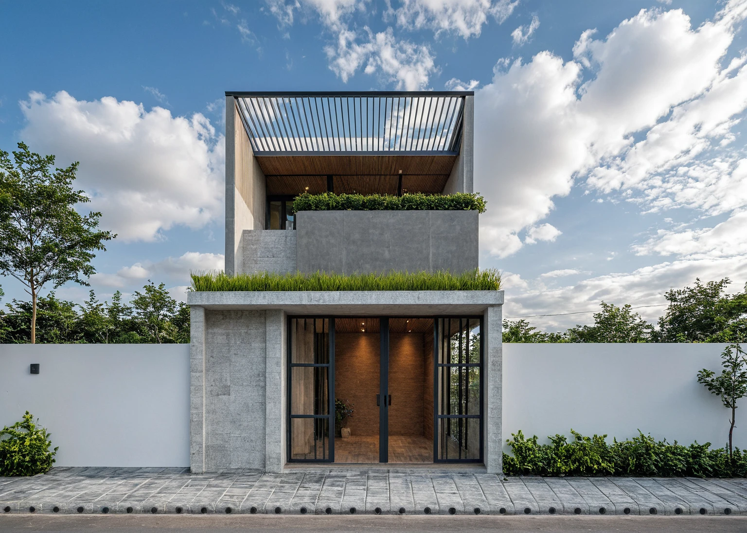 Masterpiece, high quality, best quality, authentic, super detail, outdoors, onestoreyvillaXL, aiaigroup, house style modern on the street ,stairs, white wall ,road,pavement, grass, trees, sky, cloud, (daylight:1.1)
