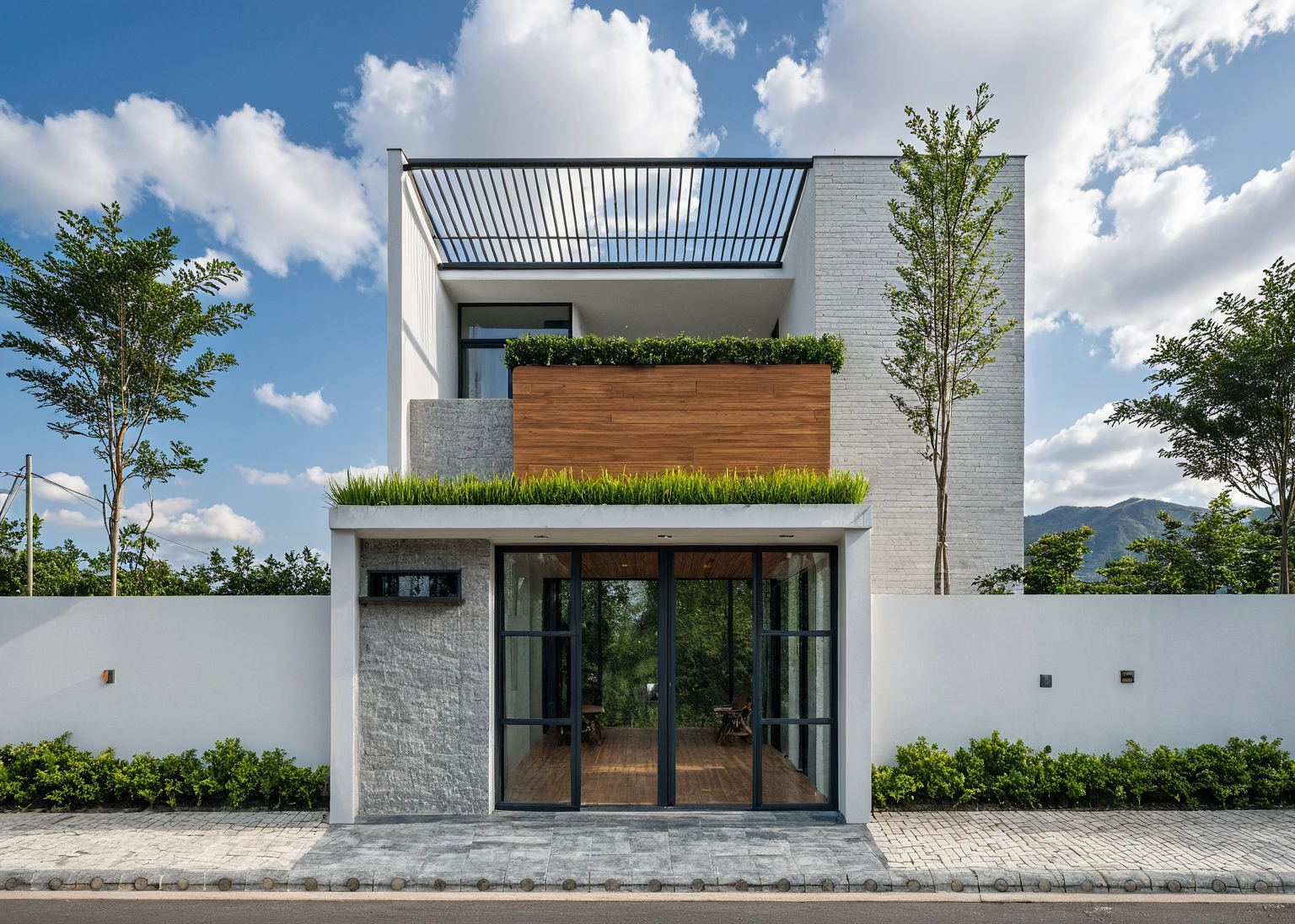 Masterpiece, high quality, best quality, authentic, super detail, outdoors, onestoreyvillaXL, aiaigroup, house style modern on the street ,stairs, white wall ,road,pavement, grass, trees, sky, cloud, (daylight:1.1)
