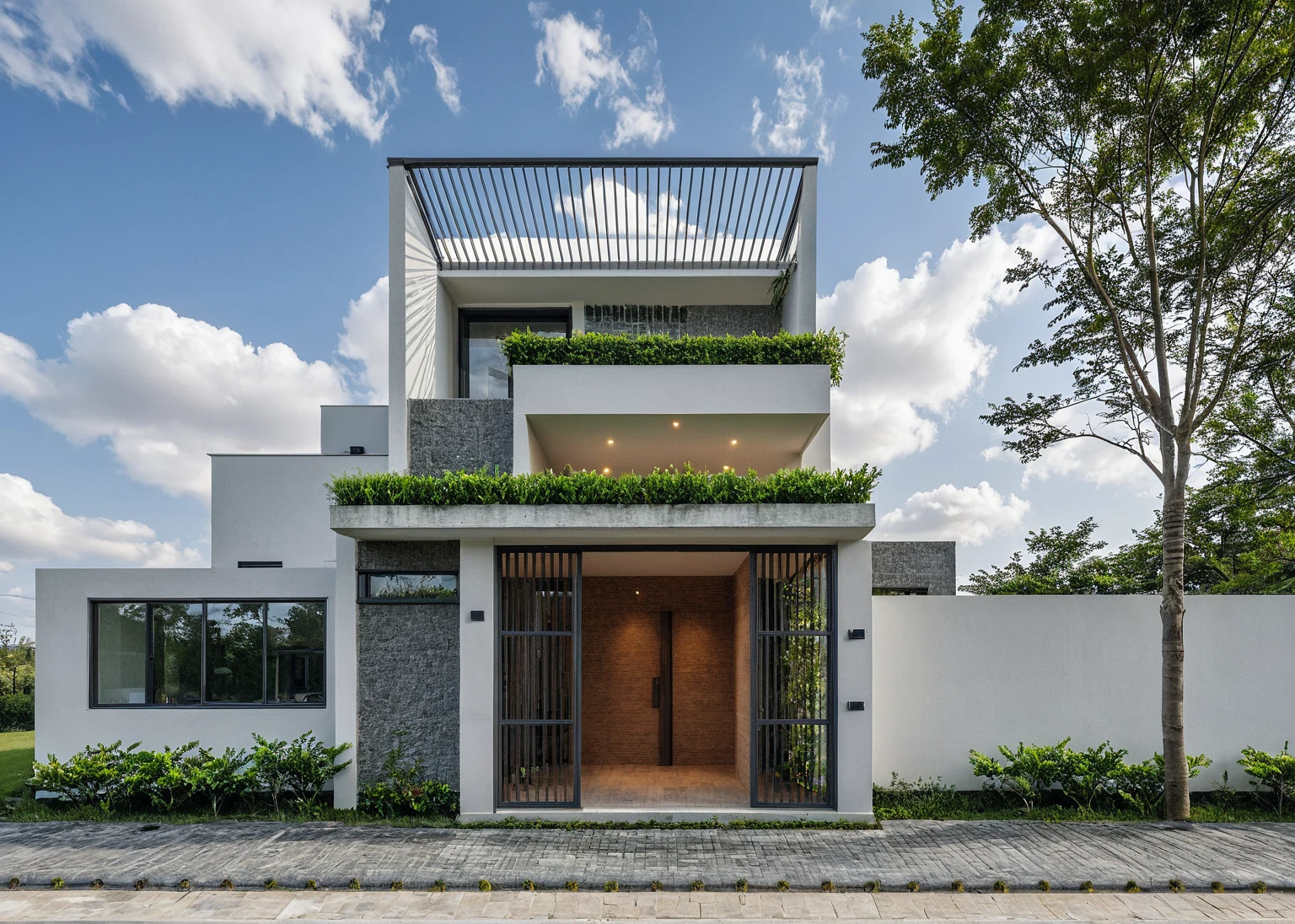 Masterpiece, high quality, best quality, authentic, super detail, outdoors, onestoreyvillaXL, aiaigroup, house style modern on the street ,stairs, white wall ,road,pavement, grass, trees, sky, cloud, (daylight:1.1)
