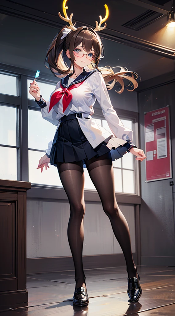 ((masterpiece)), ((best quality)), (ultra-detailed), ((kawaii)), cute, (lovely), ((????)), (ero), ((extremely detailed)), 4K, (8K), best quality, (beautiful), watercolor pencil, realistic, real, focus on the face, full body focus, school, autumn, a pretty woman, solo, sailor suit, beautiful dark brown hair, beautiful purple eyes, ((beautiful eyes with highlights )), white-skinned, ponytail, transparent hair, translucent hair, large ??????, tights, stockings, glasses, smile, neon light, wind effect, reflection effect, anthro beauty, deer antlers