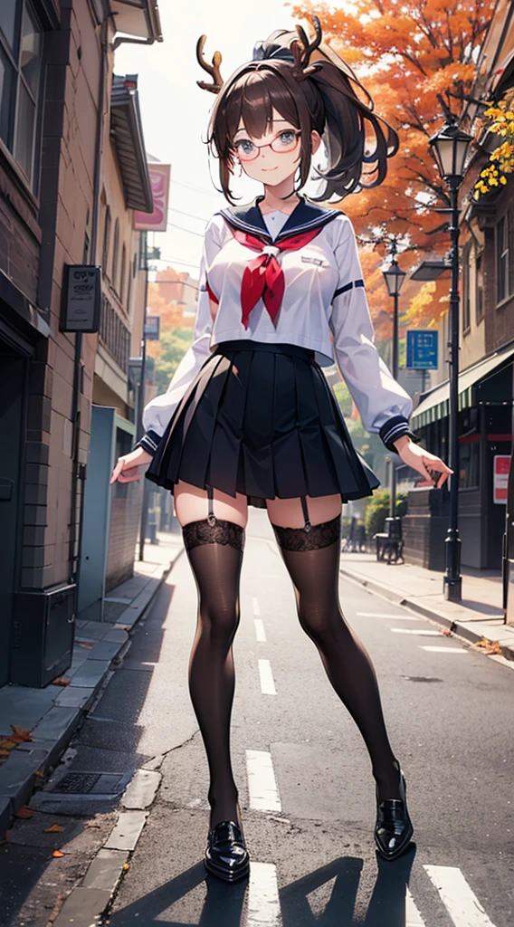 ((masterpiece)), ((best quality)), (ultra-detailed), ((kawaii)), cute, (lovely), ((sexy)), (ero), ((extremely detailed)), 4K, (8K), best quality, (beautiful), watercolor pencil, realistic, real, focus on the face, full body focus, school, autumn, a pretty woman, solo, sailor suit, beautiful dark brown hair, beautiful purple eyes, ((beautiful eyes with highlights )), white-skinned, ponytail, transparent hair, translucent hair, large breast, tights, stockings, glasses, smile, neon light, wind effect, reflection effect, anthro beauty, deer antlers