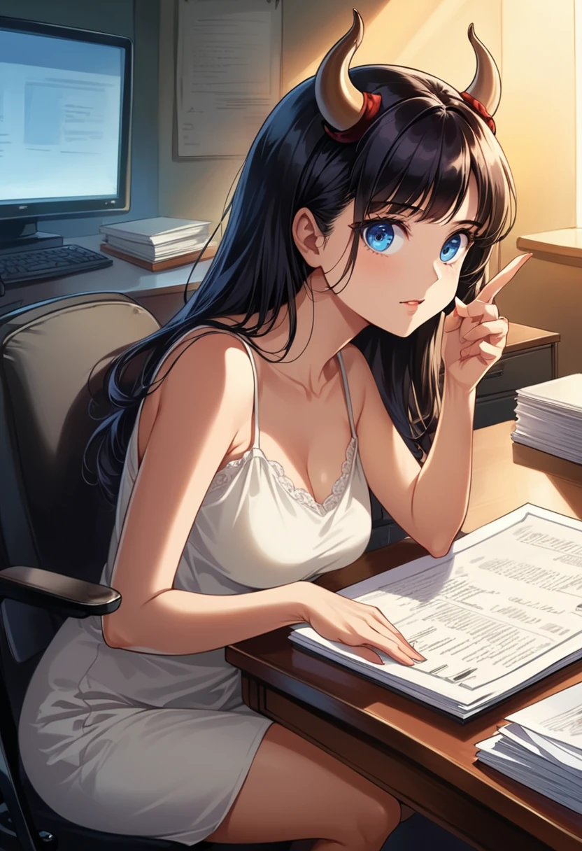 detailed illustration (side view),dynamic angle, ultra-detailed, illustration, clean line art, shading, anime, detailed eyes, detailed face, beautiful face, dramatic lighting, detailed illustration, dynamic angle, ultra-detailed, illustration,
Ultra HD, super high quality, masterpiece, detailed, 8K, The place is a business corner office, A office secretary in the room room,1Person sitting, hand singing documents, working at a desk, 30 year old female secretary, has long black hair, Has blue eyes, She has cow horns and a glamorous figure, The clothes she’s wearing are a camisole and a miniskirt, Knee-high, Pretty sexy, business clothes, anime girl, cow horns on head, cow ears, no human ears, anime woman, sitting in chair at desk, desk between her and viewer, handling viewer document. Sitting in chair behind desk, leaning forward onto desk