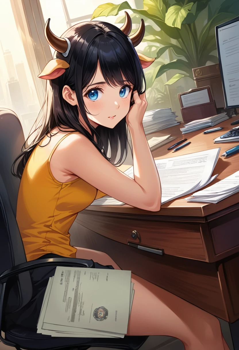 detailed illustration (side view),dynamic angle, ultra-detailed, illustration, clean line art, shading, anime, detailed eyes, detailed face, beautiful face, dramatic lighting, detailed illustration, dynamic angle, ultra-detailed, illustration,
Ultra HD, super high quality, masterpiece, detailed, 8K, The place is a business corner office, A office secretary in the room room,1Person sitting, hand singing documents, working at a desk, 30 year old female secretary, has long black hair, Has blue eyes, She has cow horns and a glamorous figure, The clothes she’s wearing are a camisole and a miniskirt, Knee-high, Pretty sexy, business clothes, anime girl, cow horns on head, cow ears, no human ears, anime woman, sitting in chair at desk, desk between her and viewer, handling viewer document. Sitting in chair behind desk, leaning forward onto desk