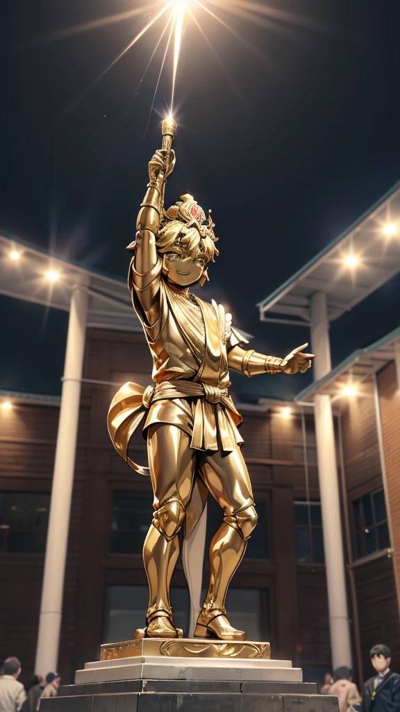 一个男孩的Gold statue旁边停着一只燕子。王子的Gold statue，Prince style，Prince costume，Court dress，Gold statue，男孩的Gold statue，带着黄金冠冕的Gold statue，脚边停着一只燕子的Gold statue，Golden Boy Statue，Gold statue，Cute boy，British style，Victorian style，crown，crown，Golden Boy Sculpture，Golden Boy Statue，Gold statue，佩剑的Gold statue，腰带上挂着配剑的Gold statue，Cute boy，shota，Cute boy，Cute boy，Moe，Giant golden statue，Giant golden statue，Outdoor Background，Smiling statue，Close-up shot from waist up