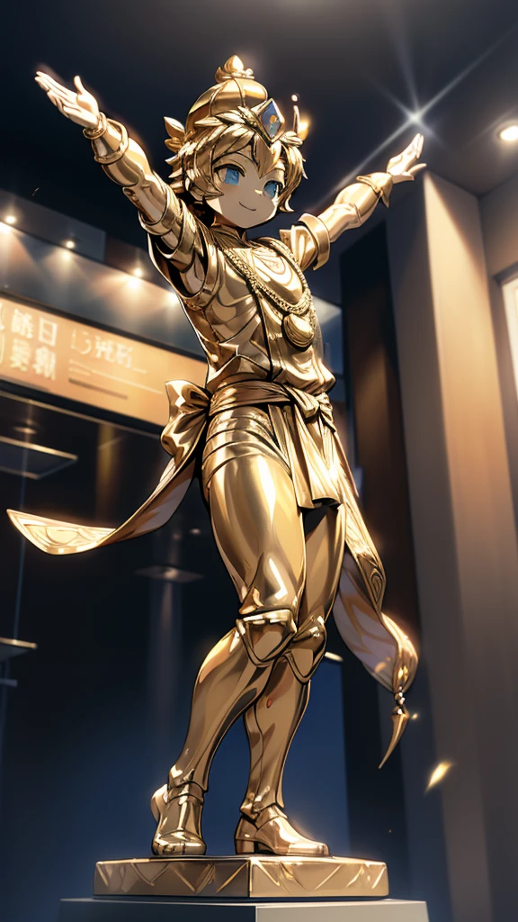 一个男孩的Gold statue旁边停着一只燕子。王子的Gold statue，Prince style，Prince costume，Court dress，Gold statue，男孩的Gold statue，带着黄金冠冕的Gold statue，脚边停着一只燕子的Gold statue，Golden Boy Statue，Gold statue，Cute boy，British style，Victorian style，crown，crown，Golden Boy Sculpture，Golden Boy Statue，Gold statue，佩剑的Gold statue，腰带上挂着配剑的Gold statue，Cute boy，shota，Cute boy，Cute boy，Moe，Giant golden statue，Giant golden statue，Outdoor Background，Smiling statue，Close-up shot from waist up