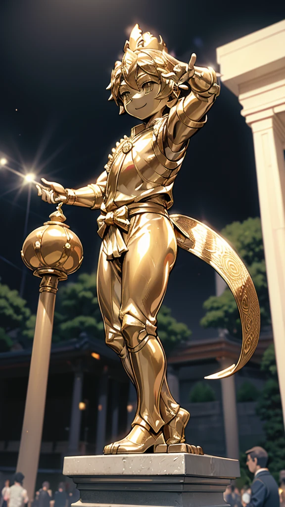 一个男孩的Gold statue旁边停着一只燕子。王子的Gold statue，Prince style，Prince costume，Court dress，Gold statue，男孩的Gold statue，带着黄金冠冕的Gold statue，脚边停着一只燕子的Gold statue，Golden Boy Statue，Gold statue，Cute boy，British style，Victorian style，crown，crown，Golden Boy Sculpture，Golden Boy Statue，Gold statue，佩剑的Gold statue，腰带上挂着配剑的Gold statue，Cute boy，shota，Cute boy，Cute boy，Moe，Giant golden statue，Giant golden statue，Outdoor Background，Smiling statue，Close-up shot from waist up