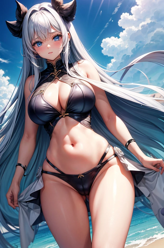 an eight years old girl. With big and wide hips, big creamy thighs, blue eyes, long white hair, medium breasts.