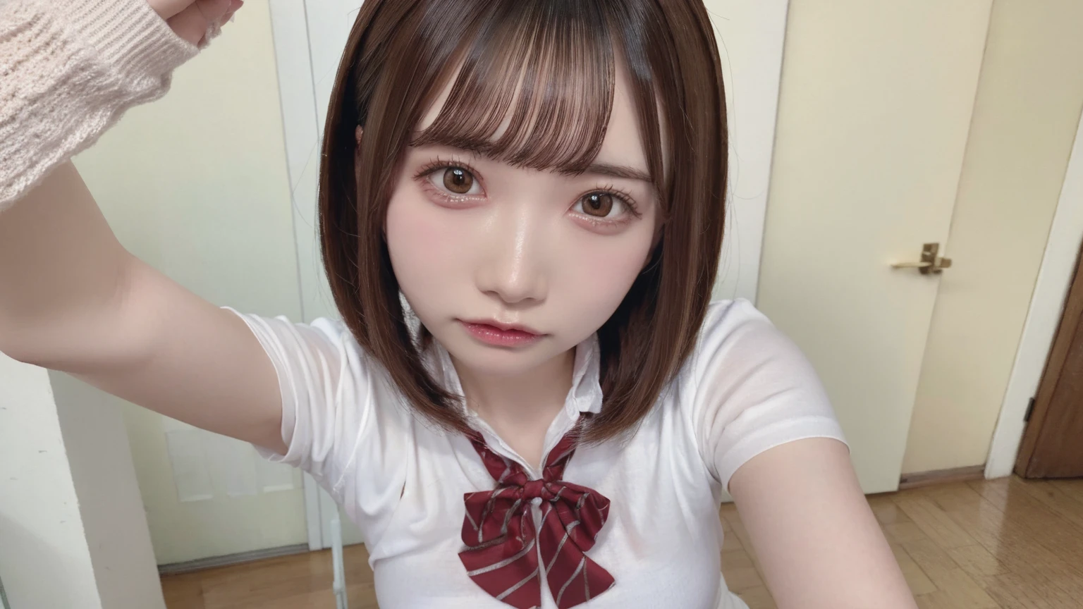 18-year-old、Ultra HD、Ultra-high resolution、Realistic、Sweaty skin、Bob Hair　Bob Hair、Transparent nipples、Transparent nipples、、Large Breasts、Selfie