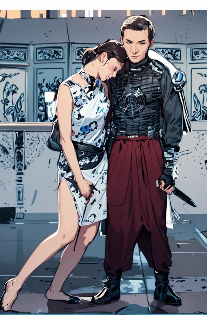 A male soldier hugs an unconscious woman,They both hold knives.