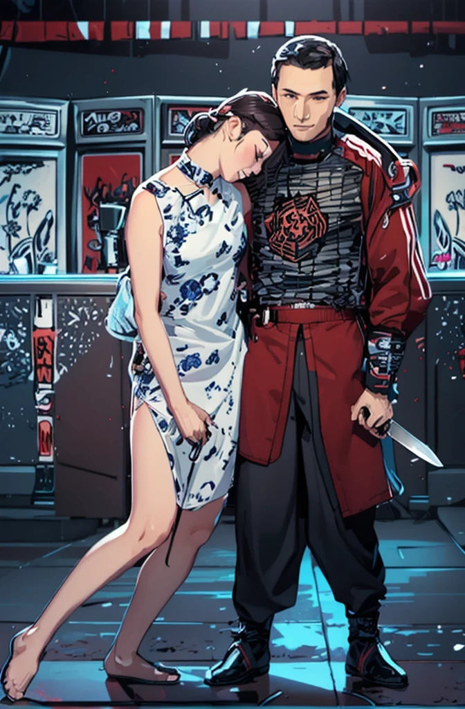 A male soldier hugs an unconscious woman,They both hold knives.