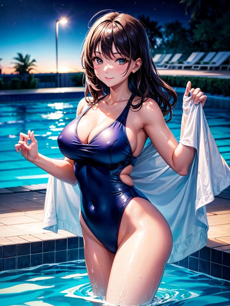 Highest quality,Highest Resolution,A woman in a swimsuit happily swimming in the pool at night,