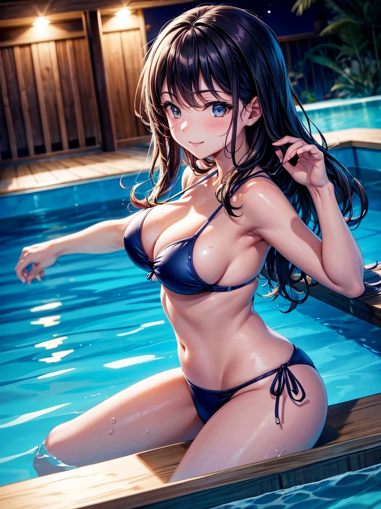 Highest quality,Highest Resolution,A woman in a swimsuit happily swimming in the pool at night,
