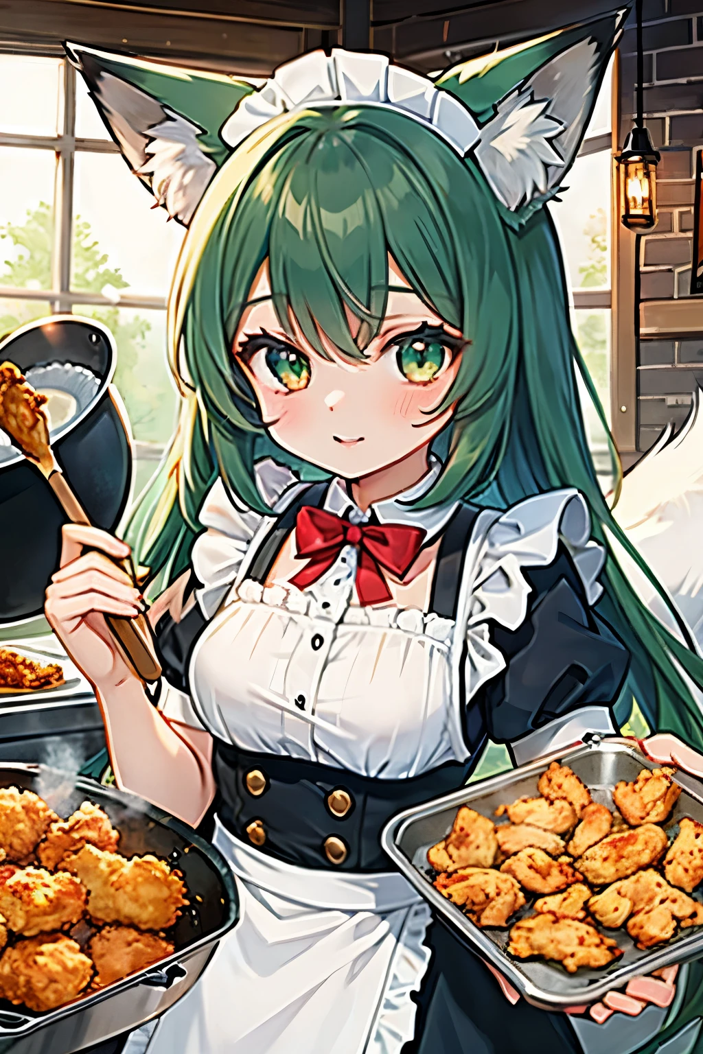 masterpiece, Highest quality, High resolution, Absurd,
A fox girl maid is frying fried chicken, One girl, long hair, dark ((green)) hair, Fox Ears, Fox&#39;s Tail, Green Eyes, smile, Slim figure、Medium chest, kitchen, Deep frying pan, Cooking Oil, alone, 