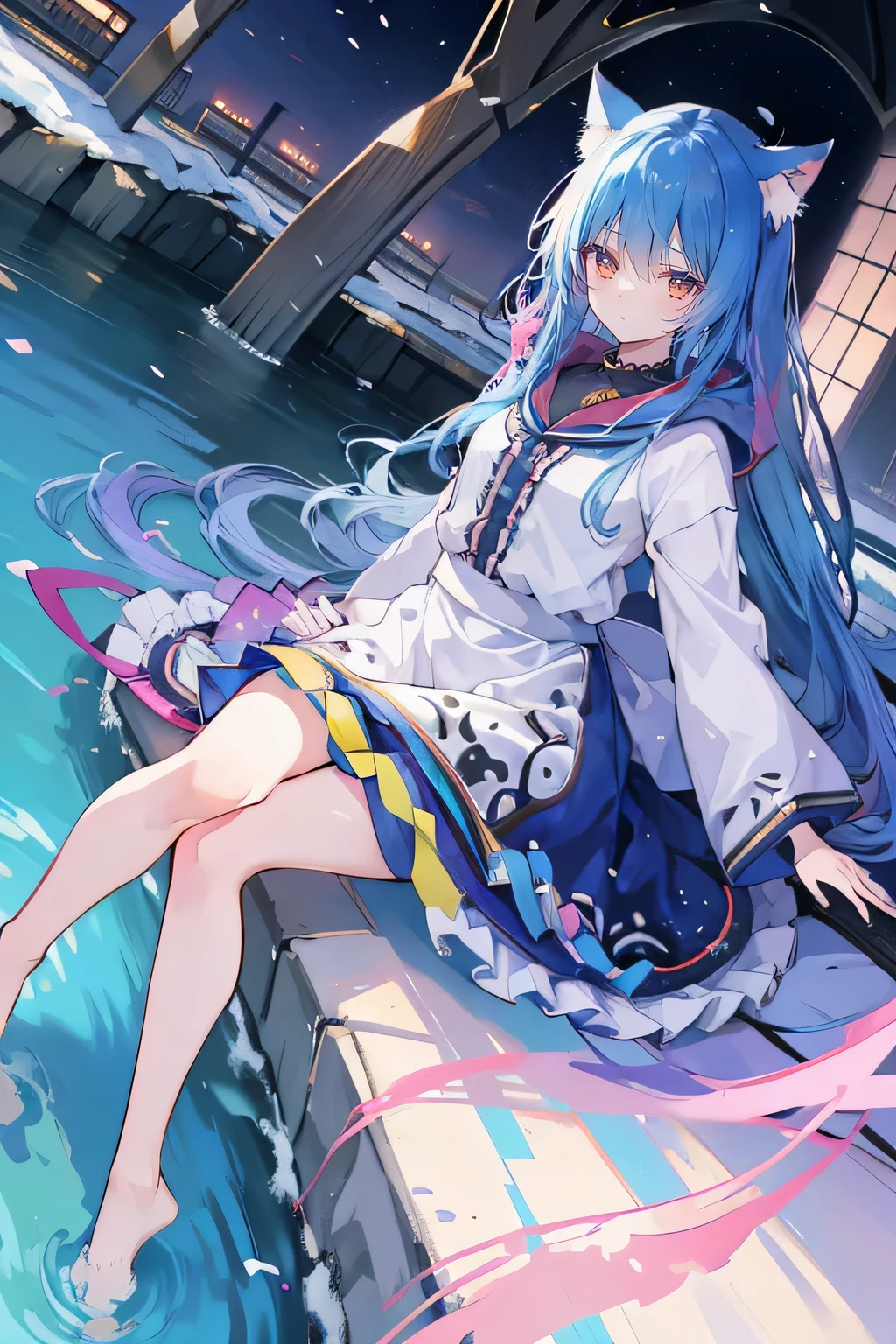 （masterpiece：1.2），Super detailed，lifelike，Expressive eyes，fair skin，perfect face shape，1 girl，
Japanese comics,Gorgeous blue hair,flowing blue hair,flowing clothes,Cat ears,Petals fall,beautiful lola,Baby Angel,
Shaking head with one hand，Cross your legs，Gentle and peaceful background，The pavilion is cool and comfortable,smile, wearing hoodie, background of tokyo,back views,snowing, winter,lie on the water，Lying on the ground。