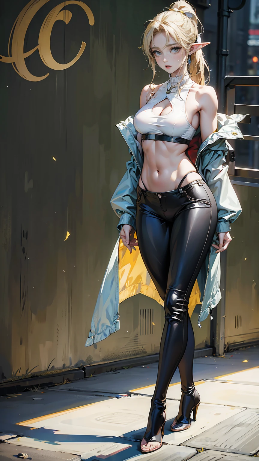 Highest quality、masterpiece、8K、Realistic、超High resolution、Very delicate and beautiful、High resolution、Muscle Girl、Gal、Perfect female body、Beautiful woman、Mature Woman、Blonde、ponytail、Bright green eyes、Six Pack、Toned body、Large Breasts、I can see your belly、pants、boots、Wild Pose、Full body emphasis、Simple Background、Elf