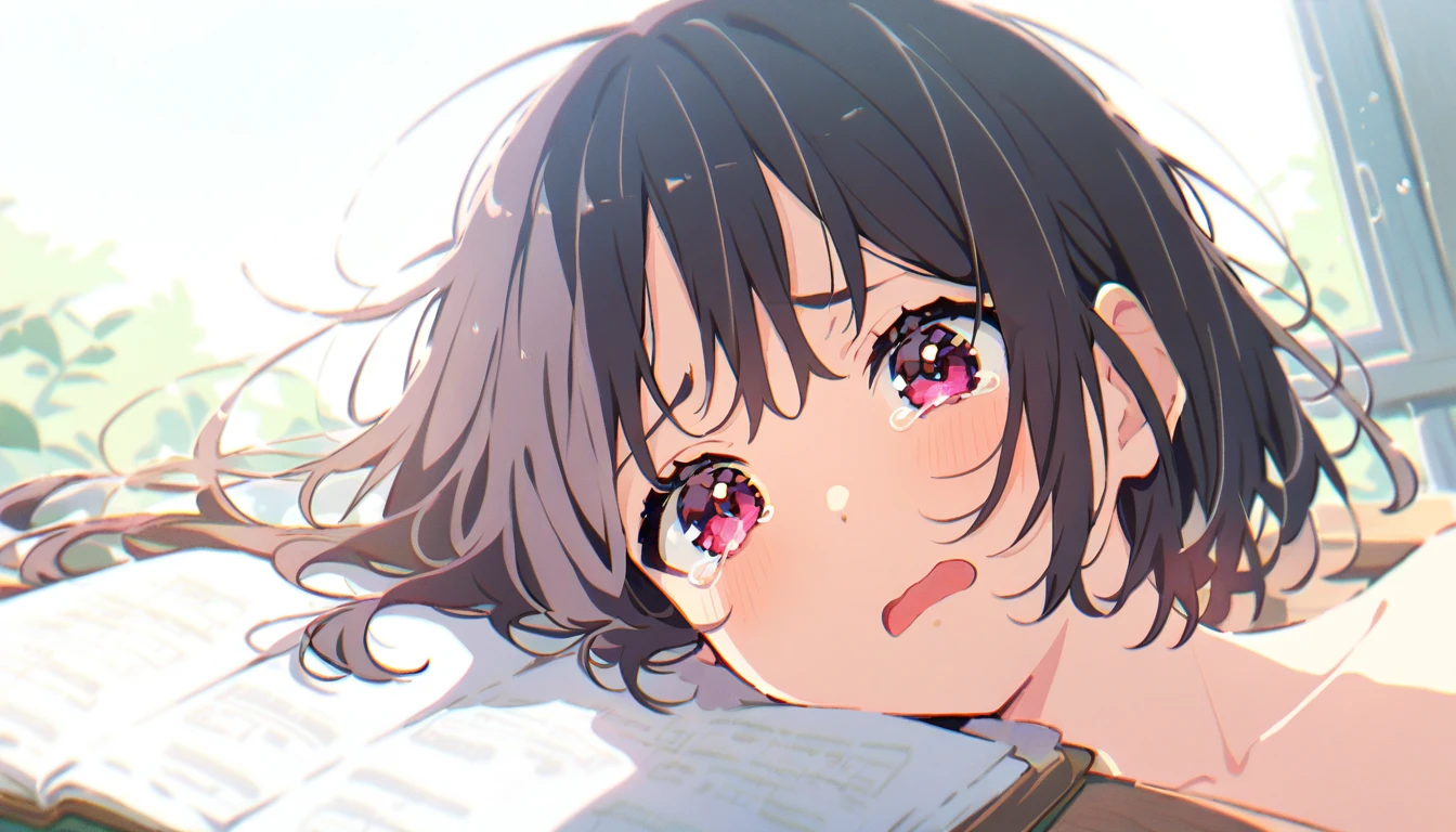 Long black haired girl、20age、clear、White luxurious lace long slip、In underwear、Being raped by a man、Standing posture、classroom、Shyness、Crying face、resistance、fear