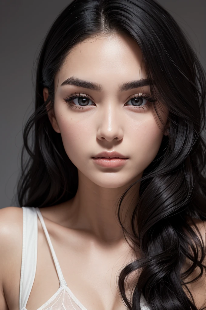 26 year old woman, black and wavy hair, thick black eyebrows, slanted eyes, wide nose, Caucasian skin, wide face and high cheekbones